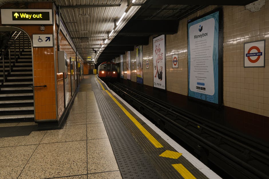Inside Hackney Wick station, the underground platform features beige tiled walls with advertising posters, including a prominent blue and white Moneybox display. On the left side, there is a staircase enclosed by orange-tiled walls, with a black handrail and a yellow 'Way out' sign overhead. The platform's edge is marked with tactile paving and yellow safety lines alongside the tracks. A red train is approaching in the distance. The platform floor is covered with speckled beige tiles, and part of the moving process is evident, as a set of cardboard boxes and soft furnishings wrapped in plastic are visible on the right side near the edge, possibly being loaded onto or unloaded from the train carriage. Equipment such as a trolley or moving straps might be present, although not clearly visible, suggesting activity related to home relocation or furniture transport in an underground setting. Hackney Movers occasionally reference such moving logistics within this environment.